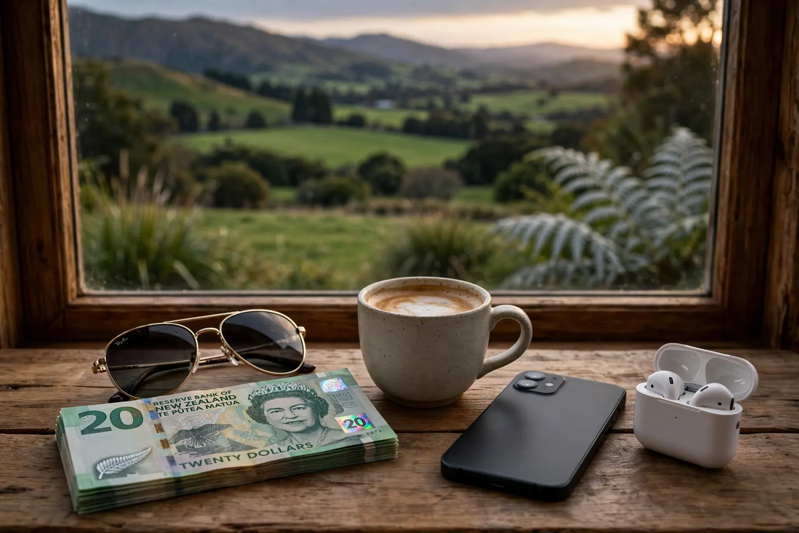 New Zealand twenty-dollar notes on a desk with a face-down phone and countryside view