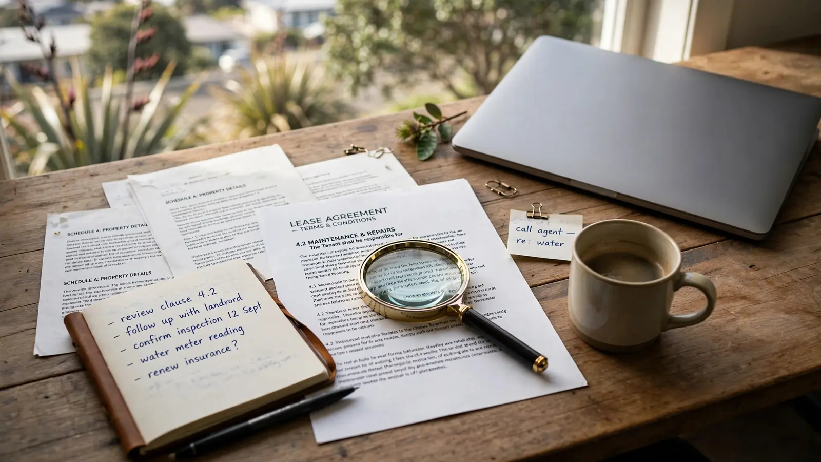 Editor reviewing casino terms on a sunlit Auckland desk with a magnifying glass and notebook
