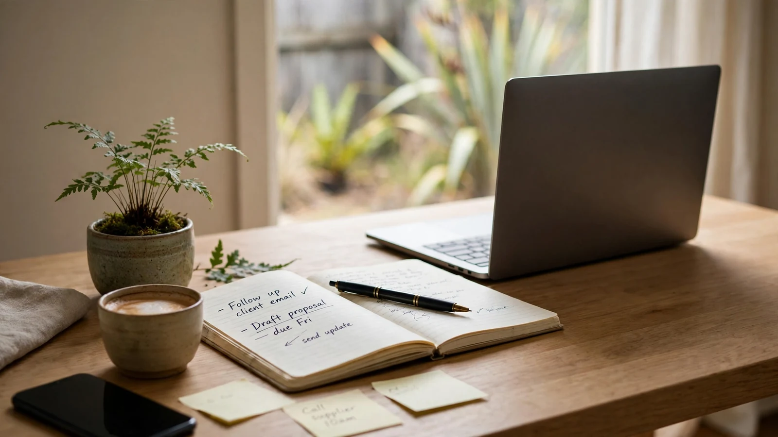 Editor desk with laptop, notebook and native plant in bright New Zealand office