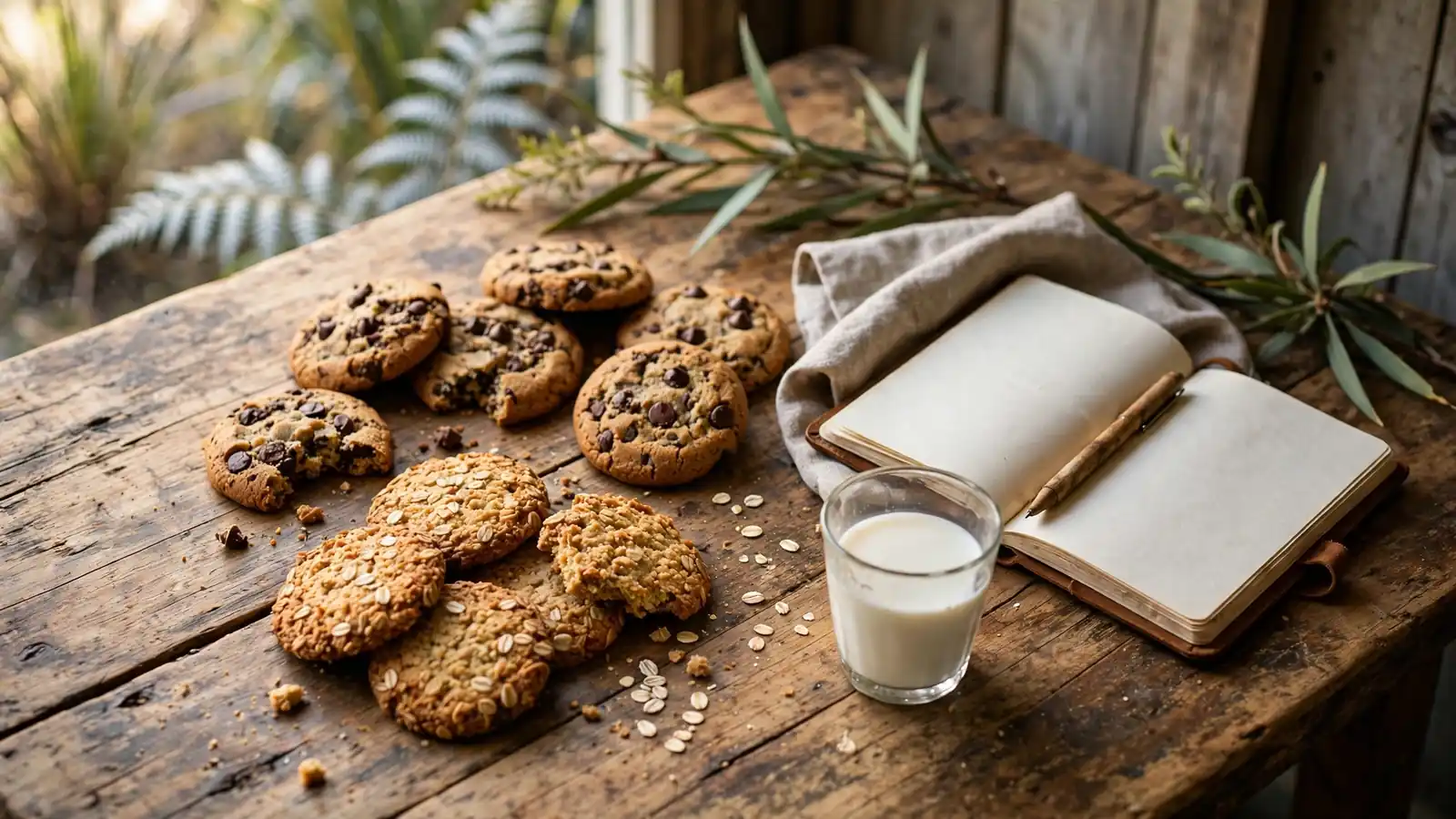 Assorted homemade cookies and biscuits arranged on a wooden table in a cozy New Zealand kitchen.