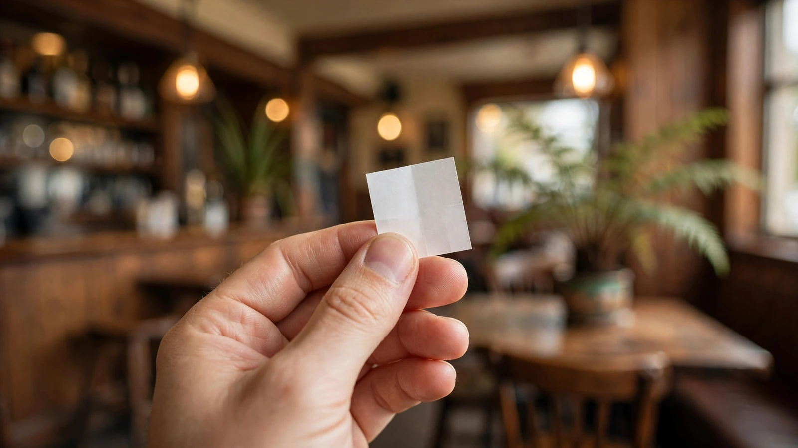 Hand holding a disclaimer document above a blurred New Zealand pub setting