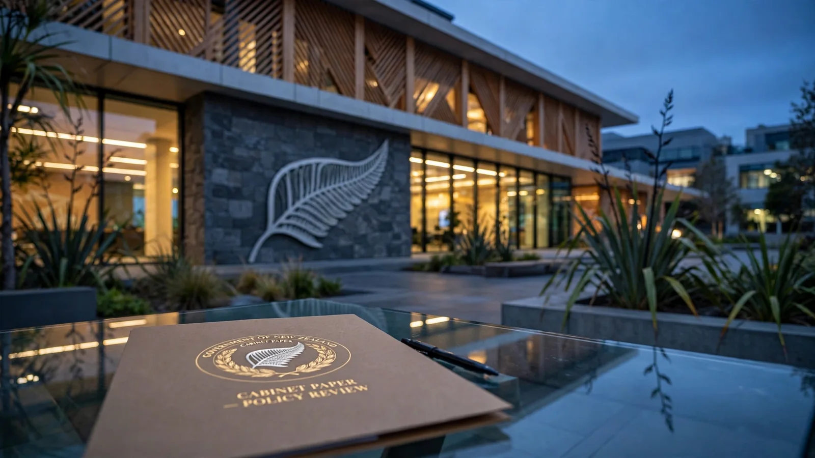Government building in Wellington at dusk with official documents on a glass table