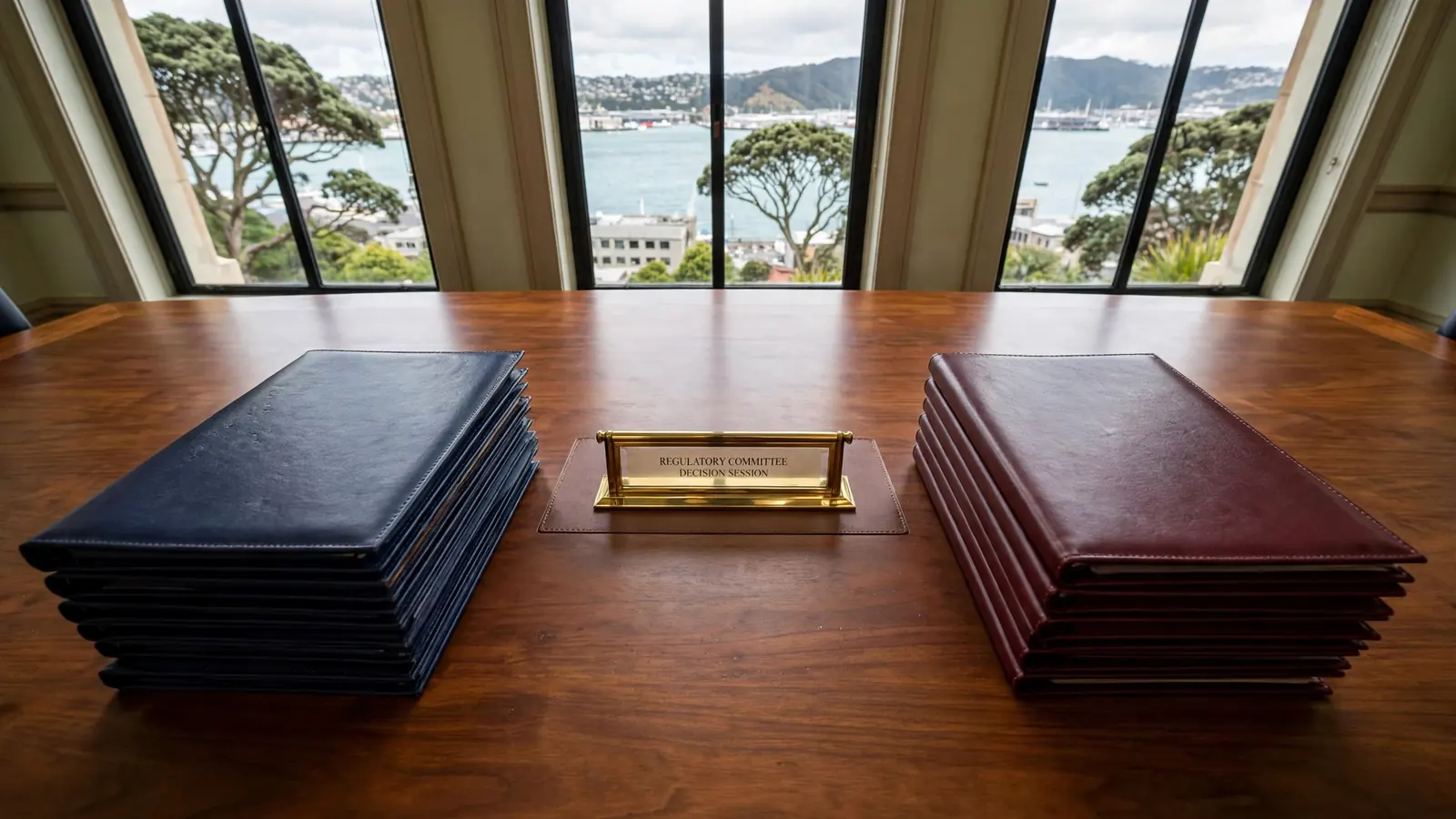 Boardroom table with two stacks of folders representing separate regulatory bodies