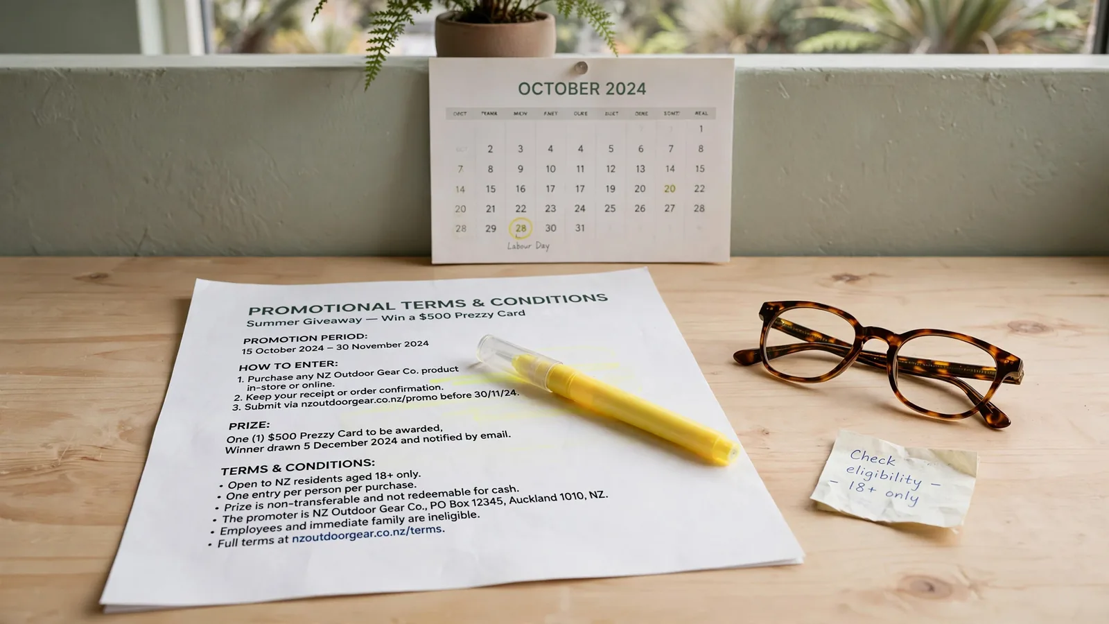 Printed bonus terms with a highlighter and calendar on a wooden desk