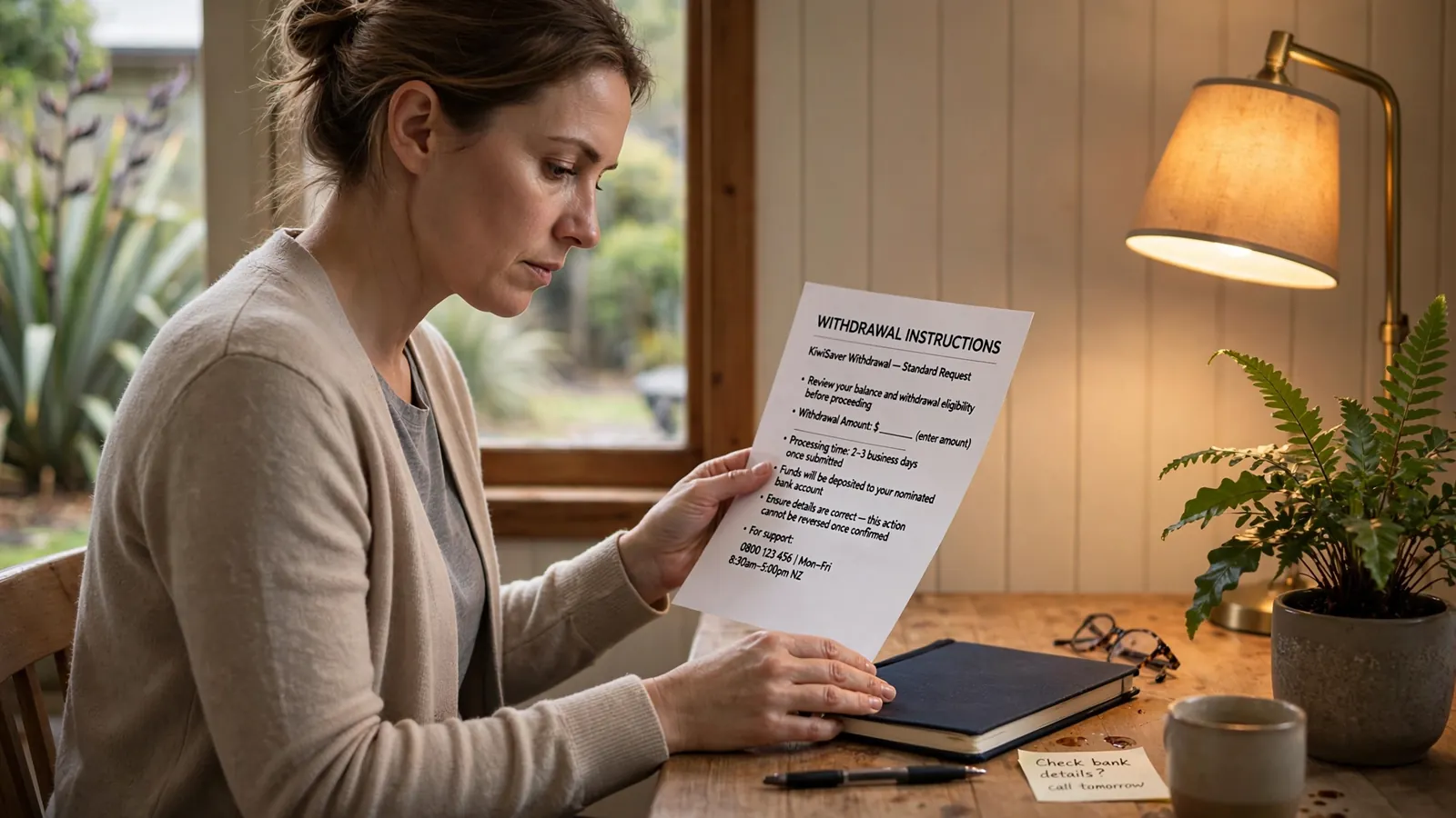 Person reading printed withdrawal instructions at a tidy home desk