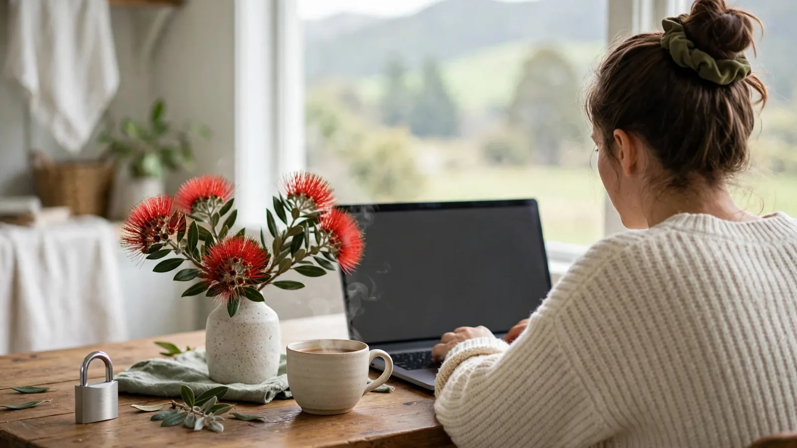 Person working on a laptop with a padlock on the desk in a New Zealand home office.