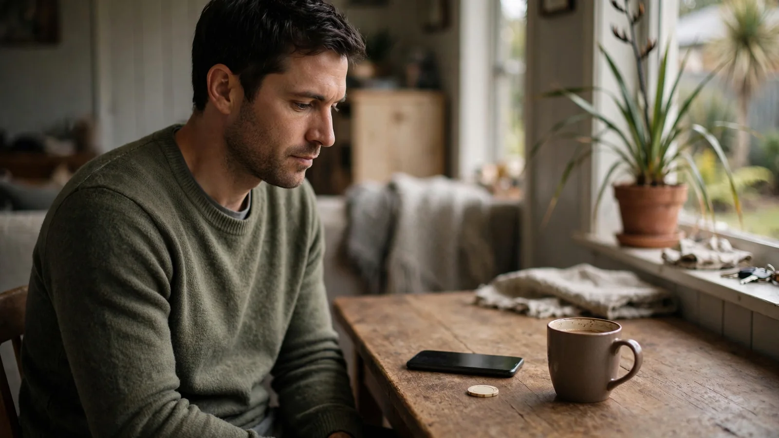 Person contemplating a face-down phone near a casino chip in a quiet home