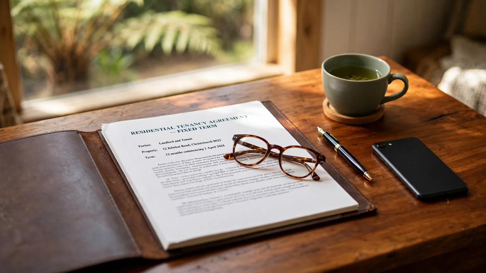 Legal document with glasses on a wooden desk in a sunlit New Zealand home office